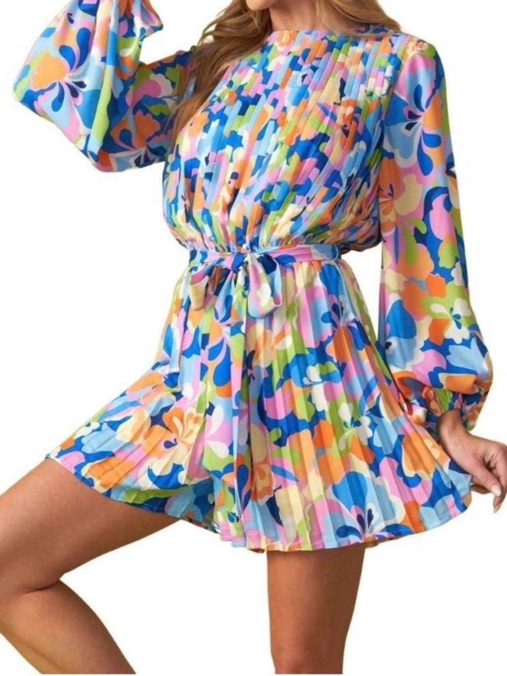 NWOT Flying Tomato yes please bold multi color pleated romper Size M